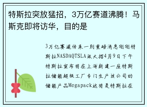 特斯拉突放猛招，3万亿赛道沸腾！马斯克即将访华，目的是 